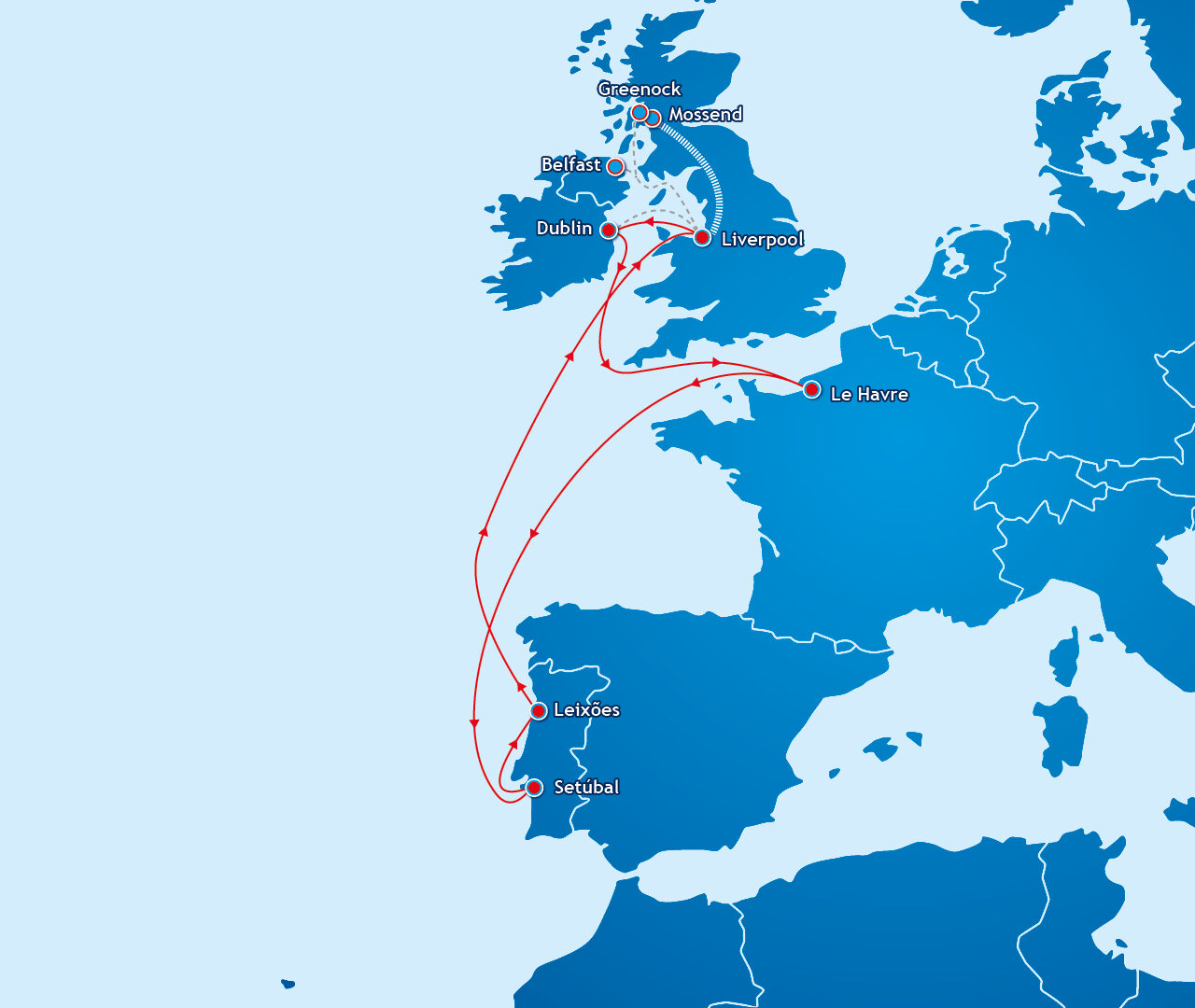Route map UK-IE Portugal